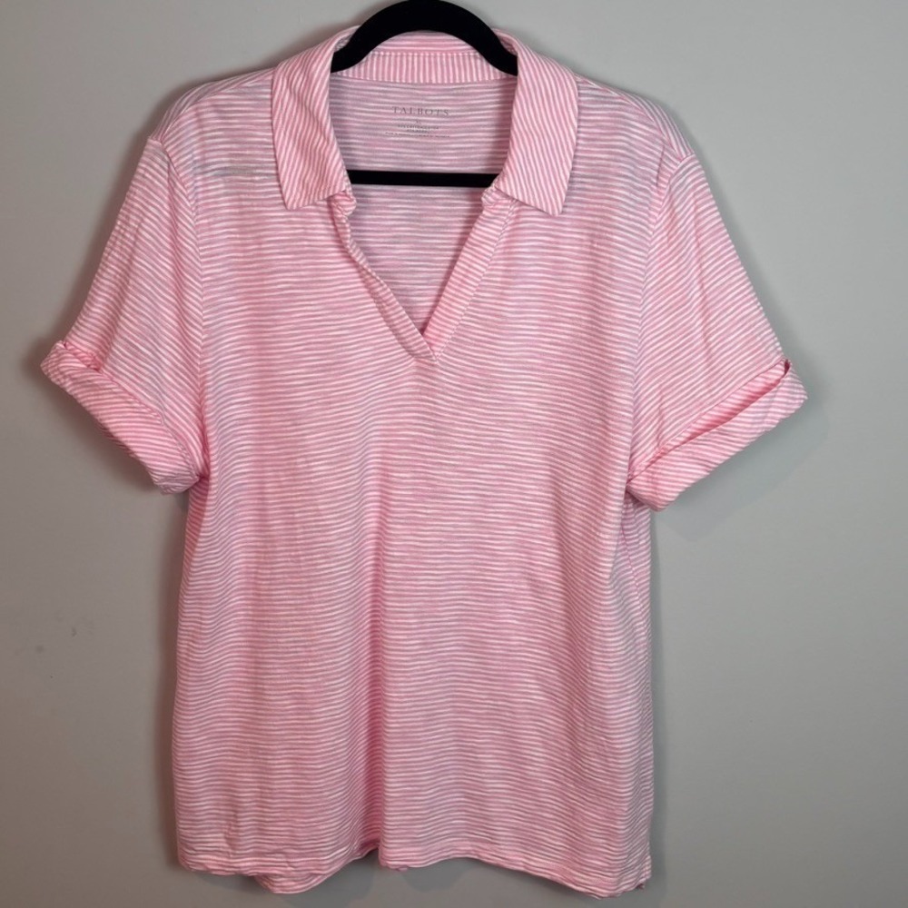 Talbots Womens Pink White Striped Cotton Blend Short Sleeve Woven Tee XL summer